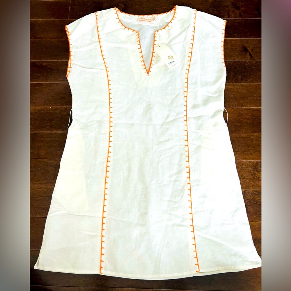 Tory Burch Small White Tunic Coverup w/ Orange Stitching & Pockets